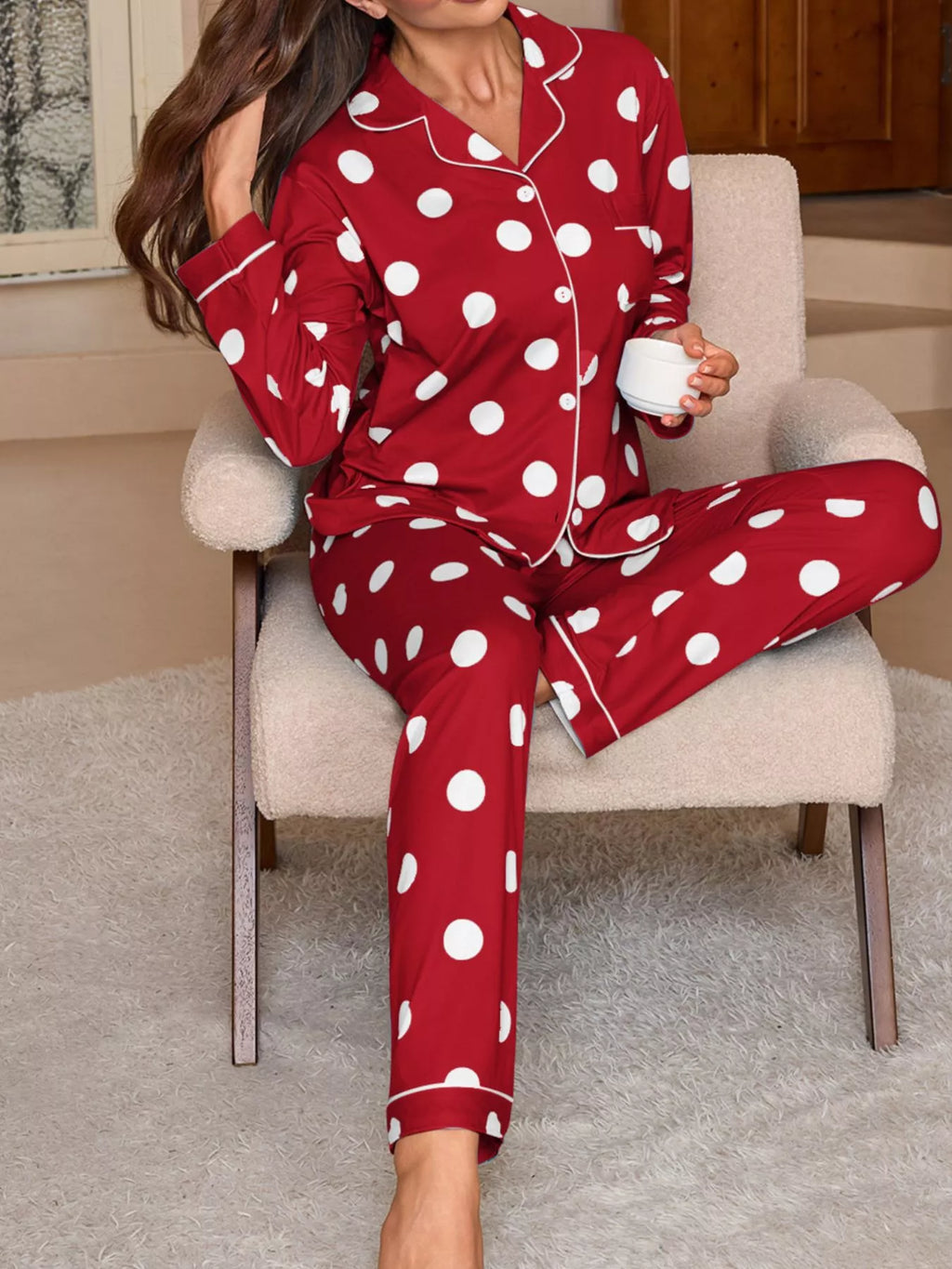 Polka Dot Button-Down Top and Pants Lounge Set - Lilixa.store