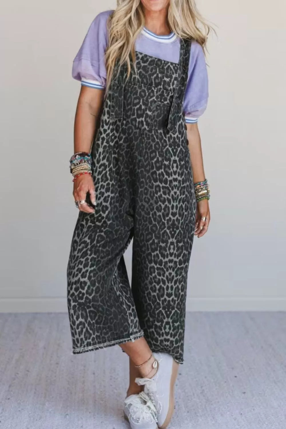 Leopard Print Button Adjustable Straps Cropped Loose Denim Overalls - Lilixa.store