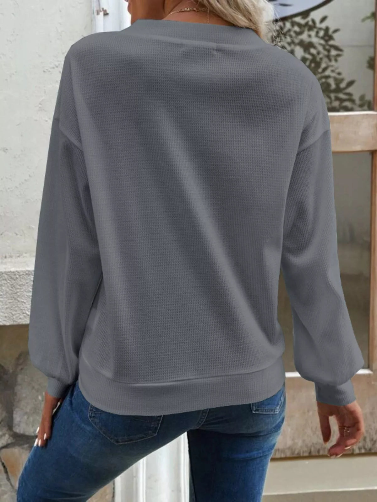 Casual V-Neck Waffle Long Sleeve Top, view 5
