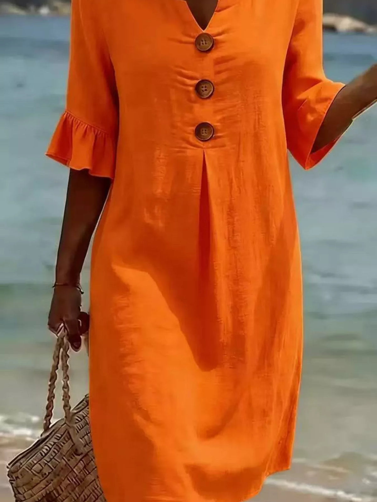 Full Size Decorative Button Ruffle Half Sleeve Dress Plus Size - Lilixa.store