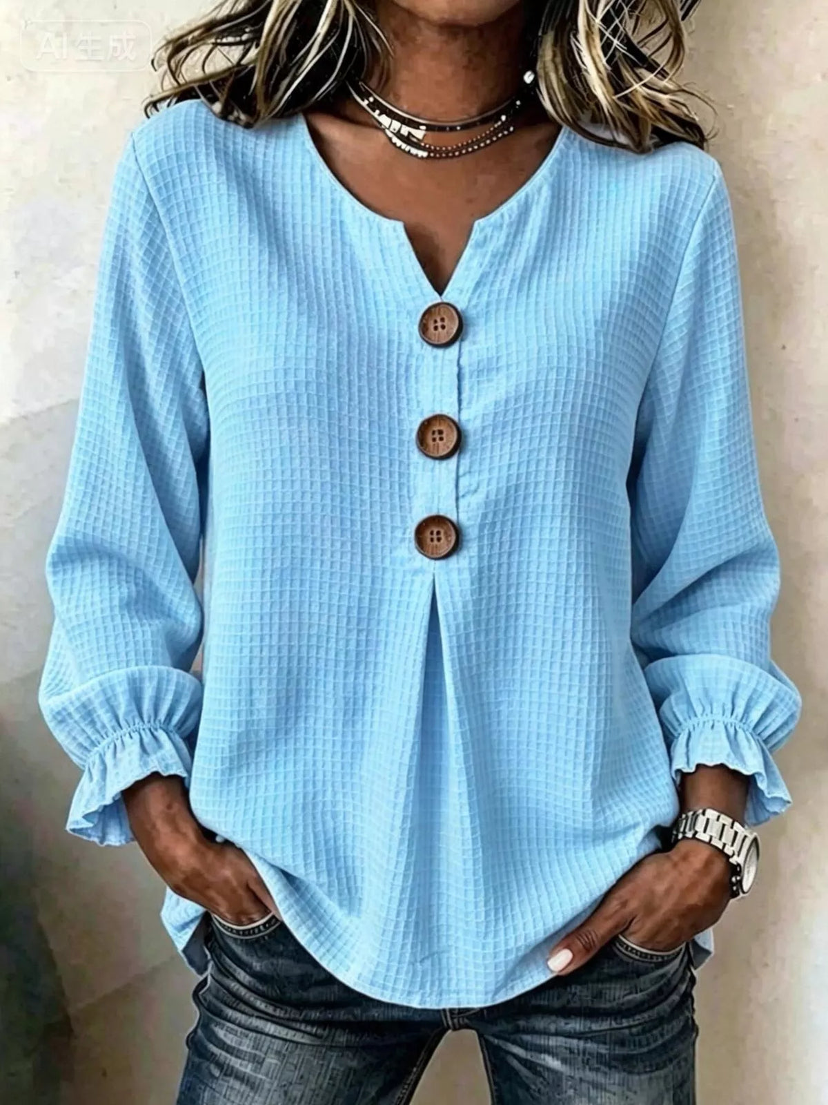Waffle Knit Flounce Sleeve Top - Lilixa.store