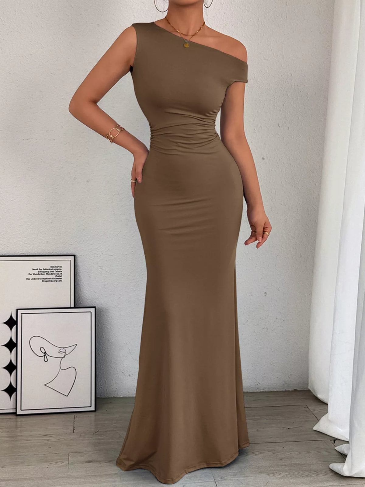 One-Shoulder Ruched Bodycon Maxi Dress - Lilixa.store