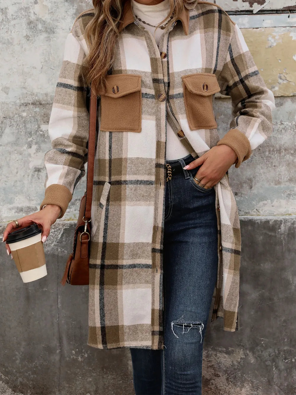 Perfee Plaid Button Up Long Sleeve Coat in Coffee Brown, view 3