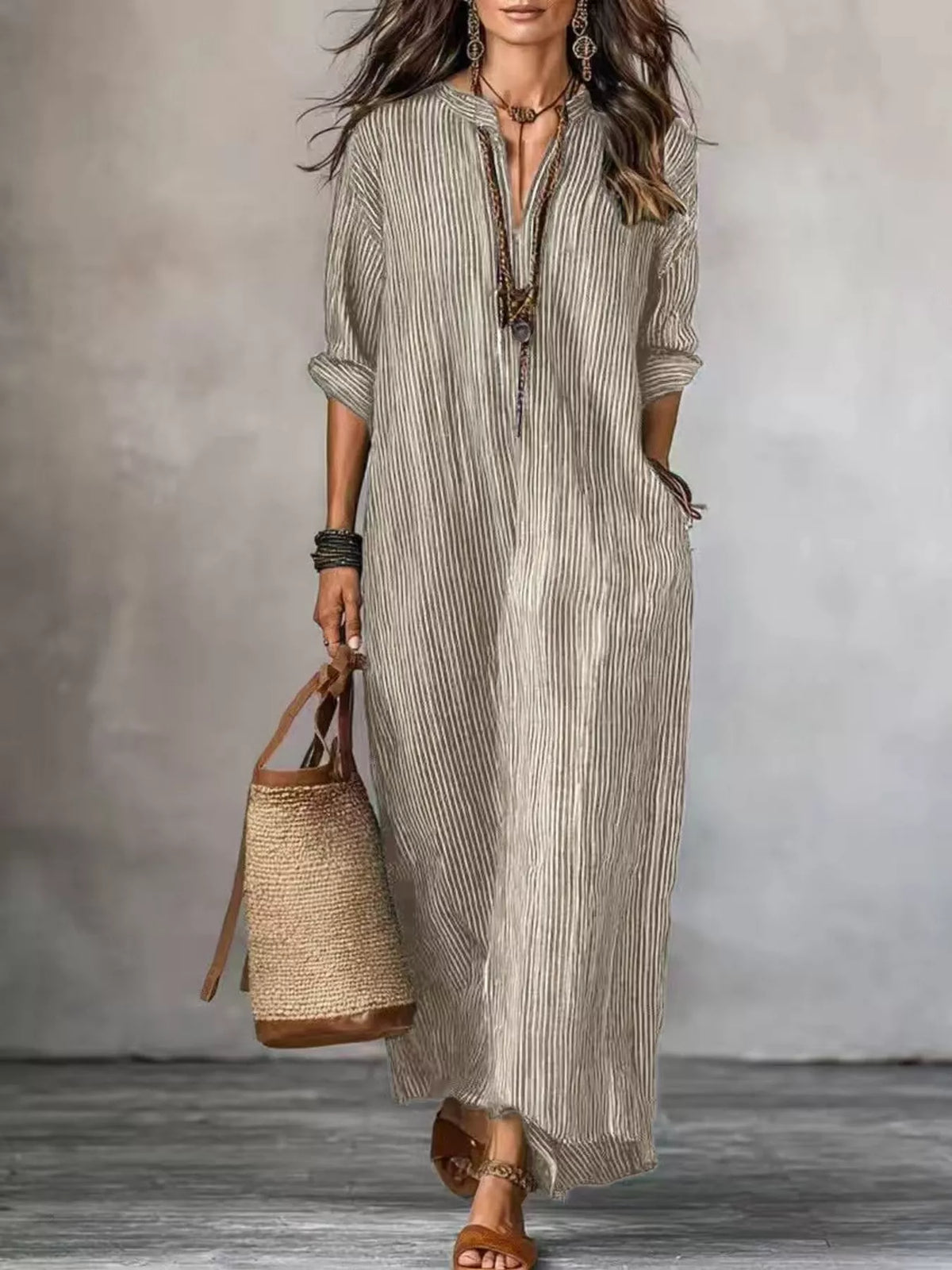 Full Size Striped Notched Maxi Dress with Pockets Plus Size - Lilixa.store
