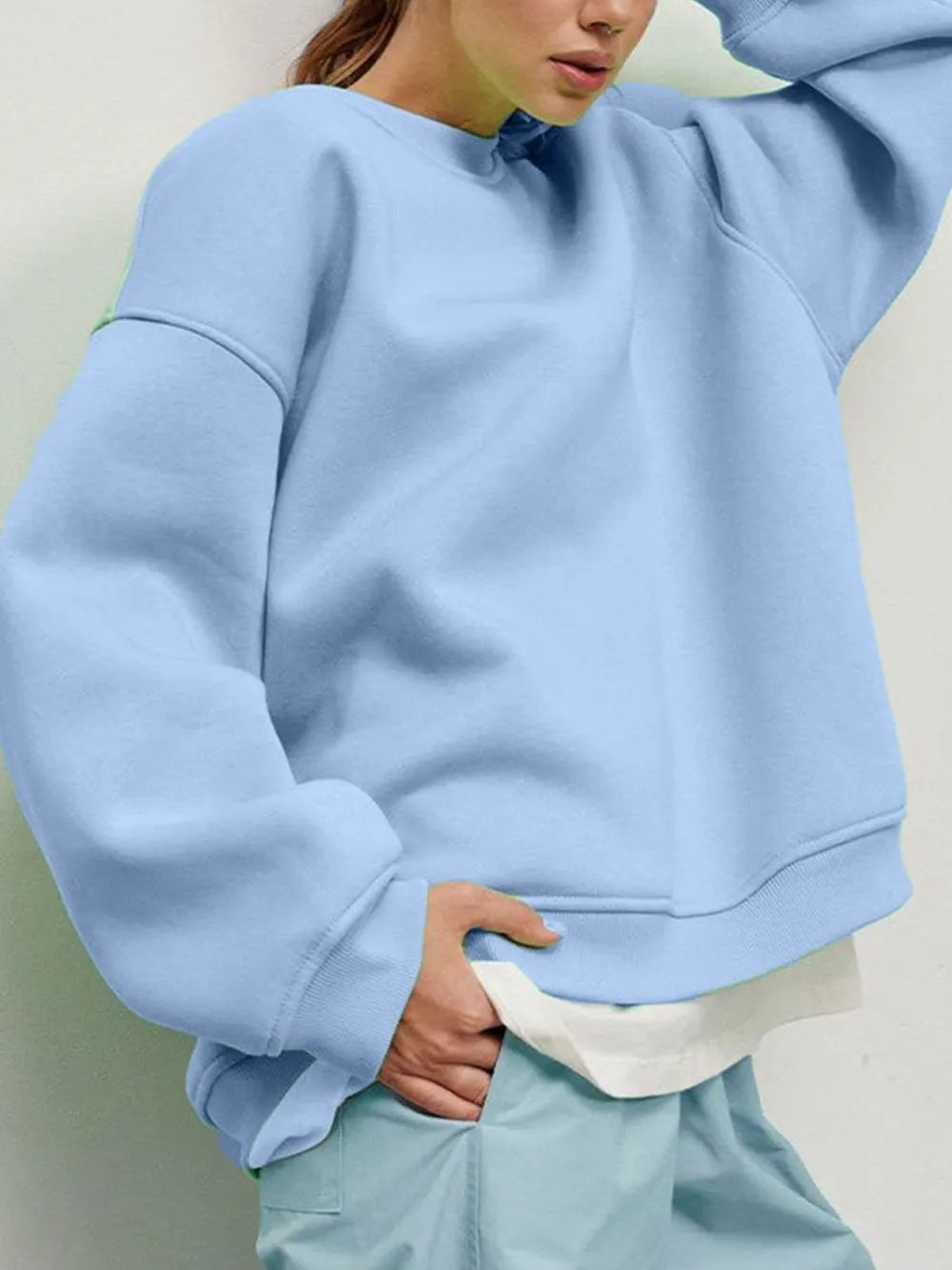 Round Neck Dropped Shoulder Long Sleeve Sweatshirt - Lilixa.store