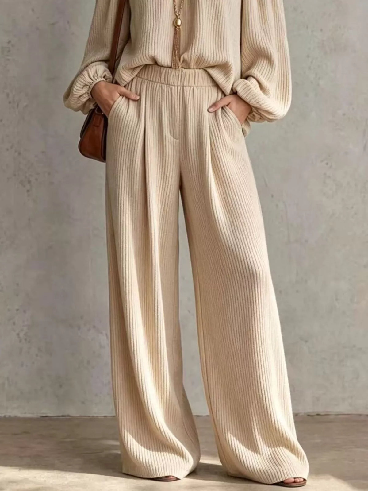 Off-Shoulder Crisscross Cutout Ribbed Knit Top and Wide-Leg Pants Set, view 2