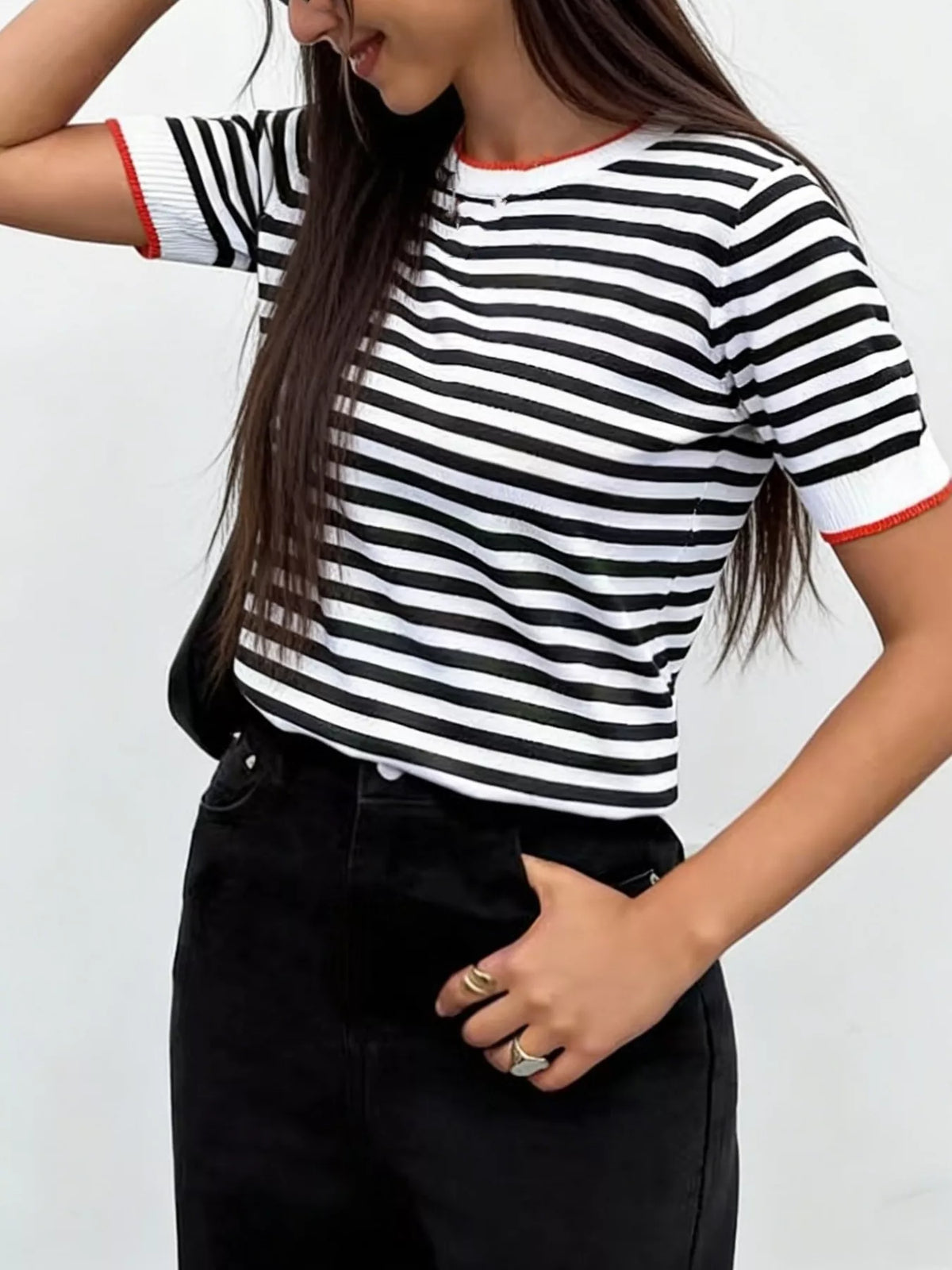 Contrast Trim Striped Short Sleeve Knit Top - Lilixa.store