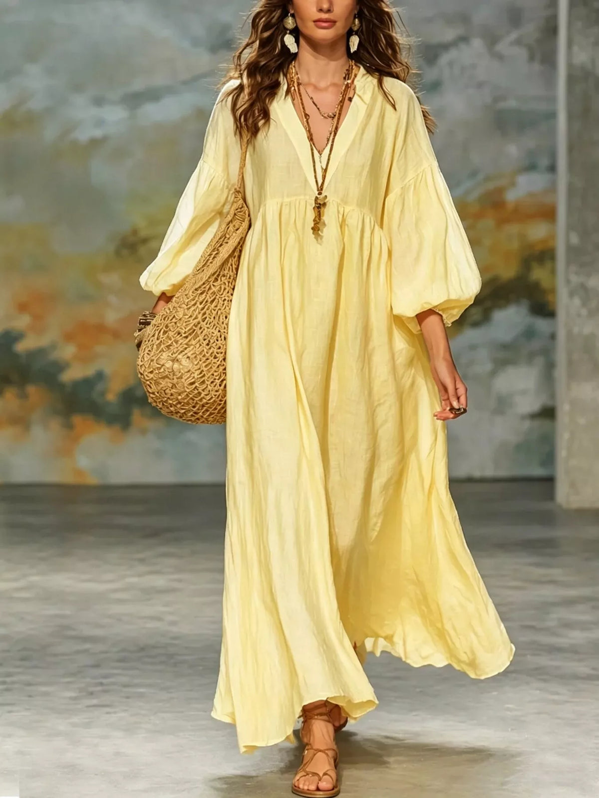 Full Size Notched 3/4 Sleeve Maxi Dress Plus Size