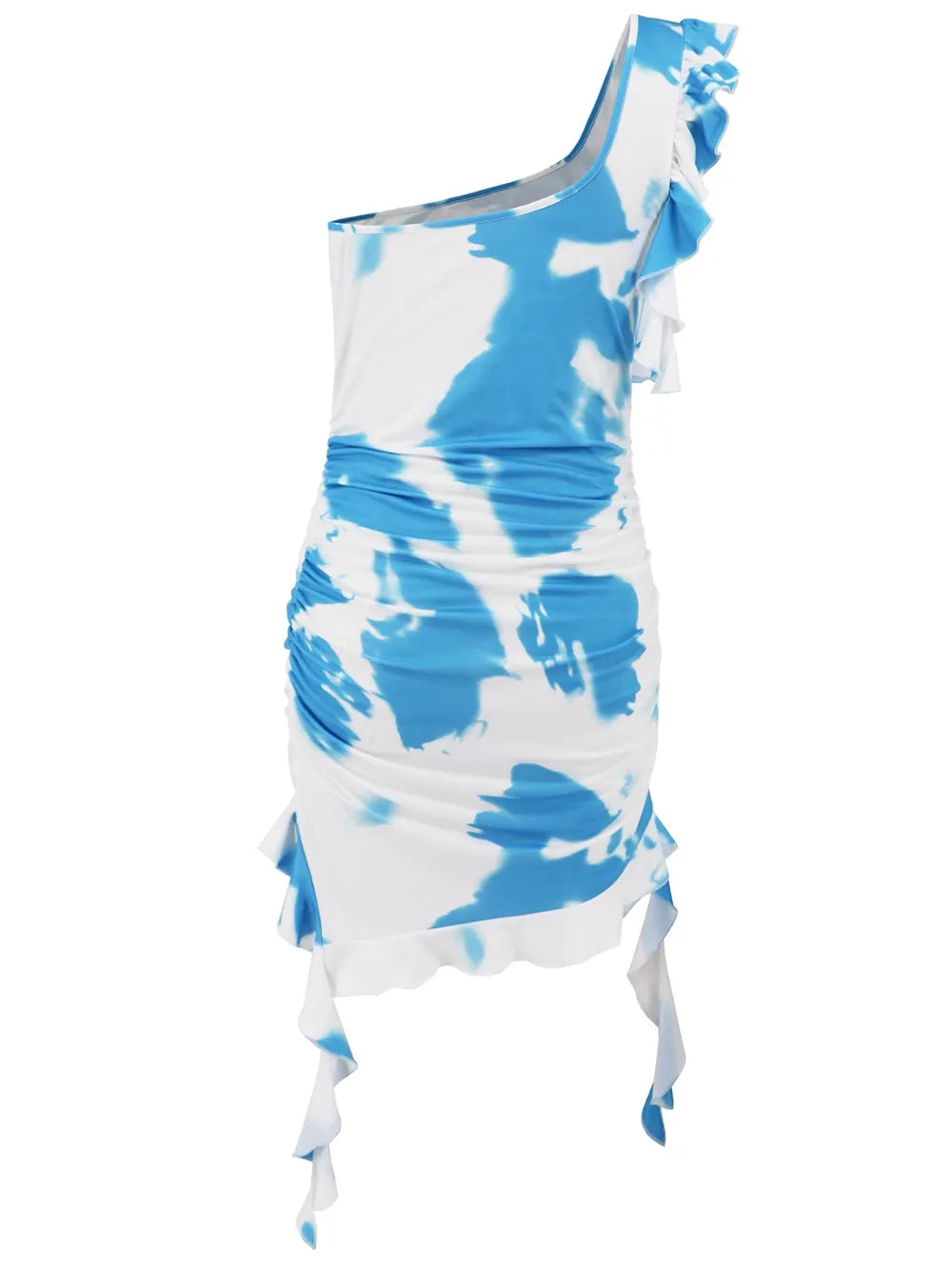Ruffled Tie-Dye Single Shoulder Mini Dress - Lilixa.store