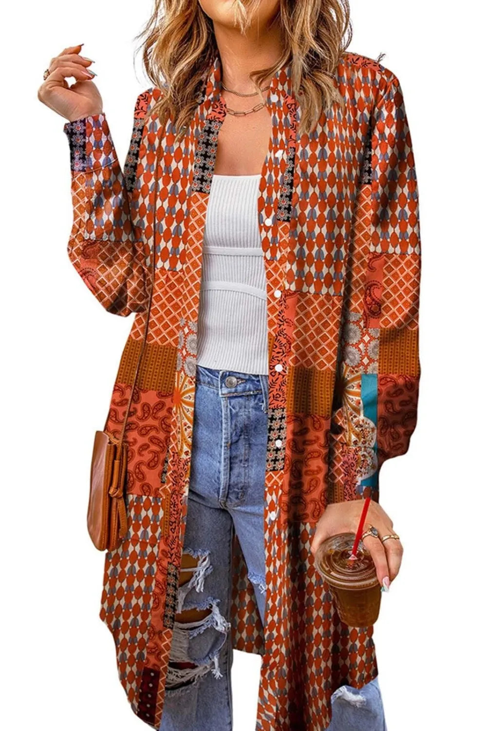 Printed Button Up Long Sleeve Cardigan, view 13