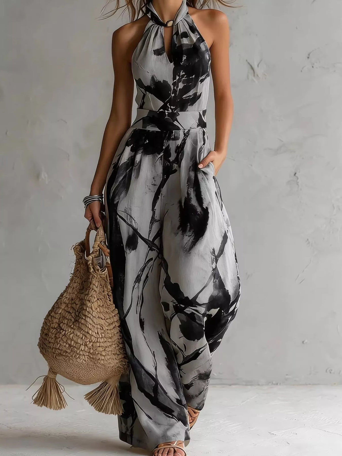 Ink Wash Print Halter Neck Wide-Leg Jumpsuit