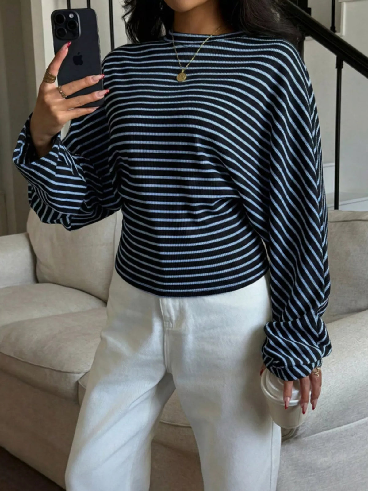 Casual Striped Long Sleeve Batwing T-Shirt, view 8