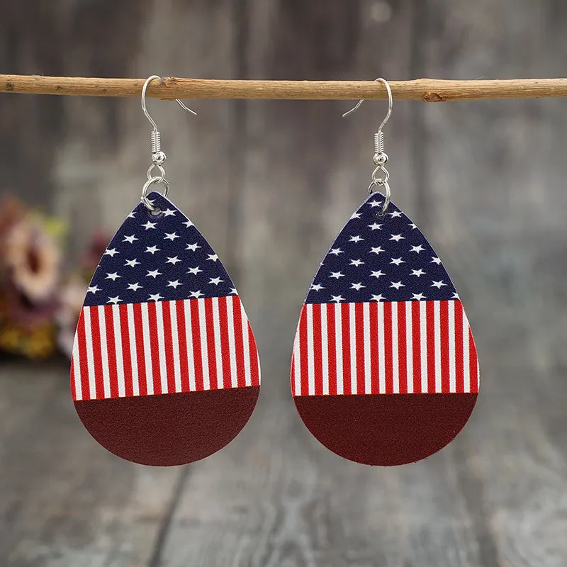 Stars and Stripes PU Leather Teardrop Earrings in Deep Red, view 2