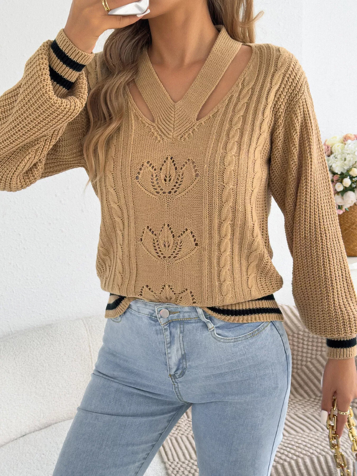 Cutout Cable Knit Sweater - Lilixa.store