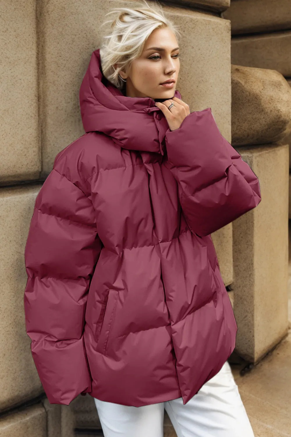 Pocketed Zip Up Hooded Puffer Jacket, view 3