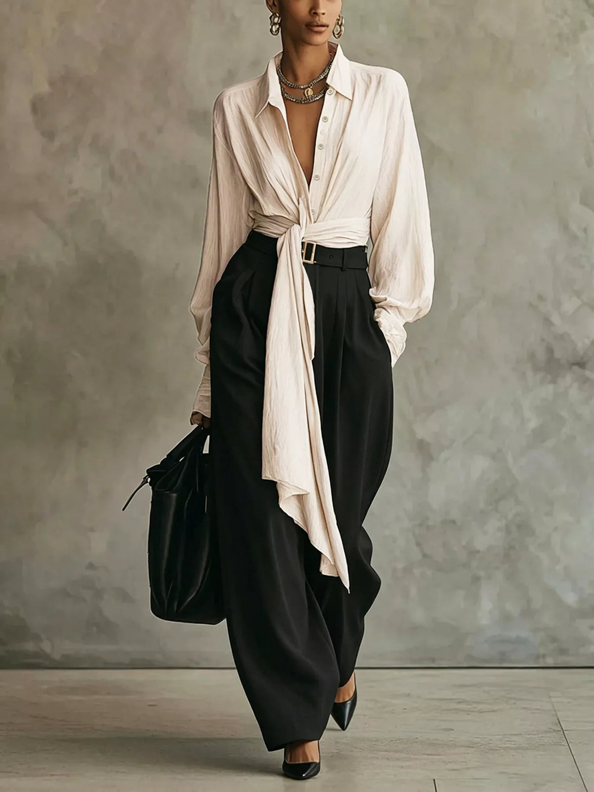 Tie-Front Shirt and Wide-Leg Pants Set