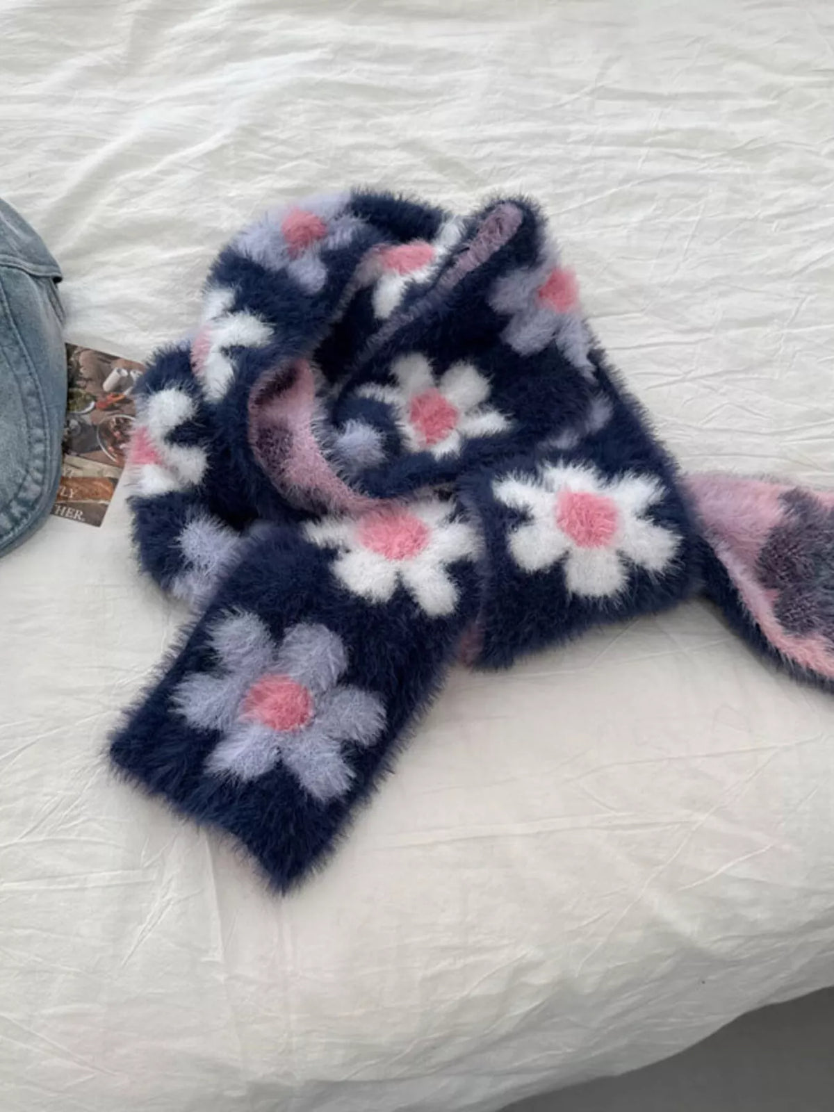 Floral Fuzzy Knit Scarf - Lilixa.store