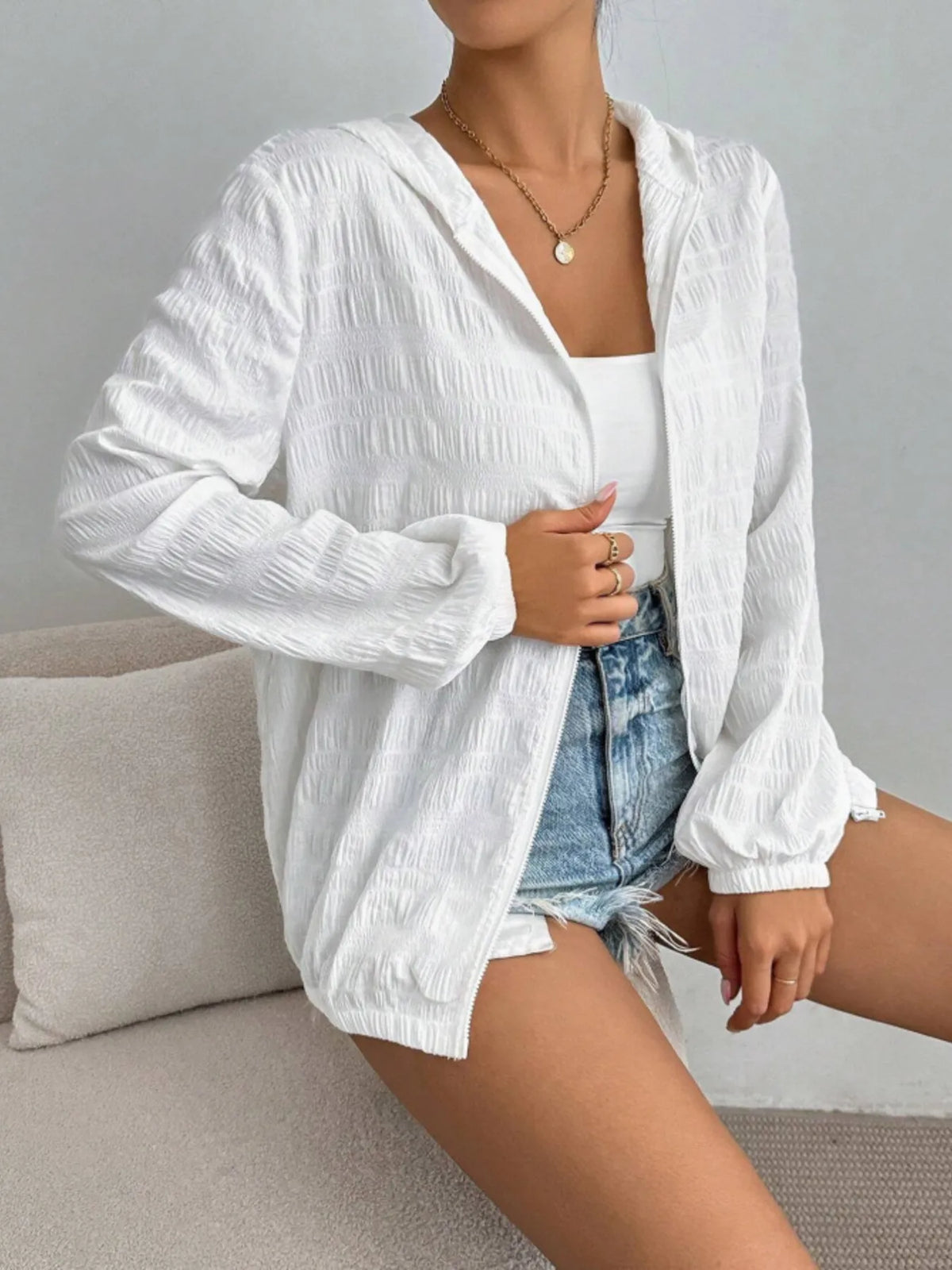 Zip Up Long Sleeve Hooded Outerwear in White