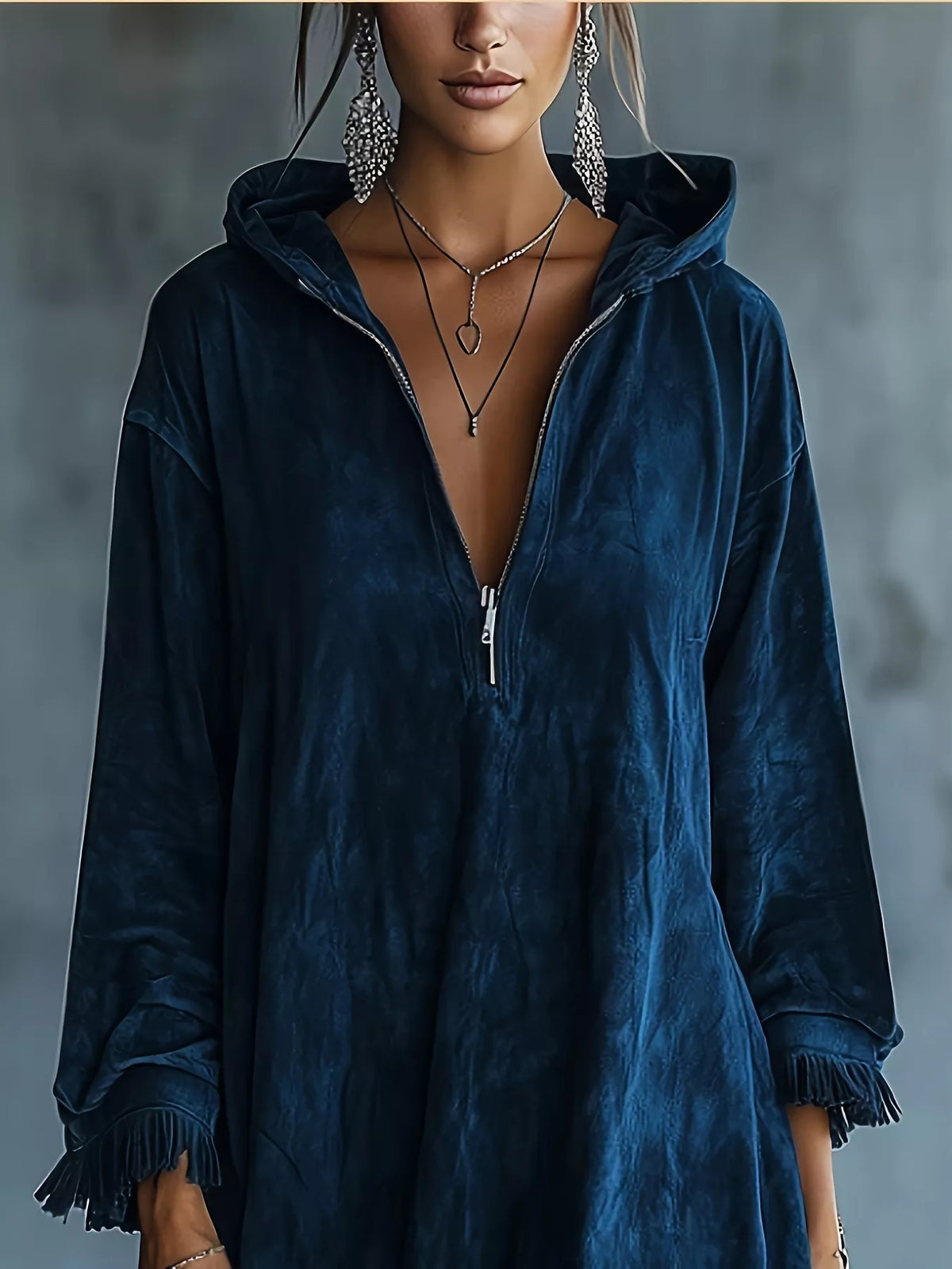 Full Size Hooded Fringed Half Zip Mini Dress Plus Size