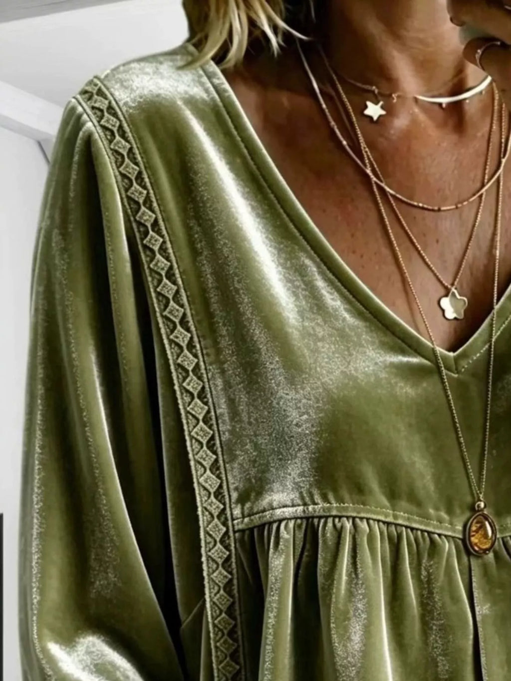 Full Size Velvet Lace Detail V-Neck Blouse Plus Size - Lilixa.store