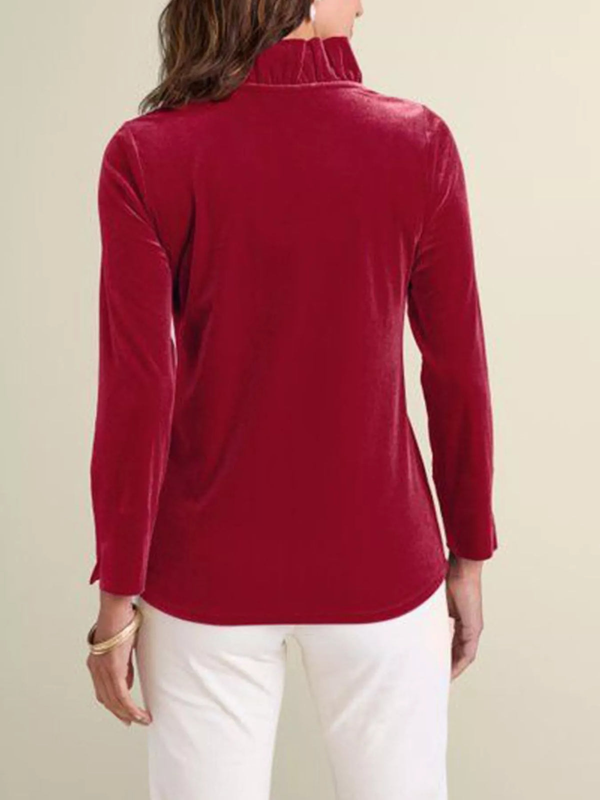 Velvet Long Sleeve Blouse with Ruffled V-Neck, view 7