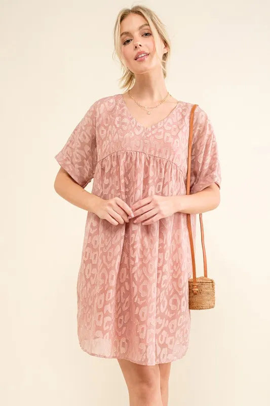 And The Why Woven Leopard Baby Doll Roll-Sleeve Casual Dress - Lilixa.store