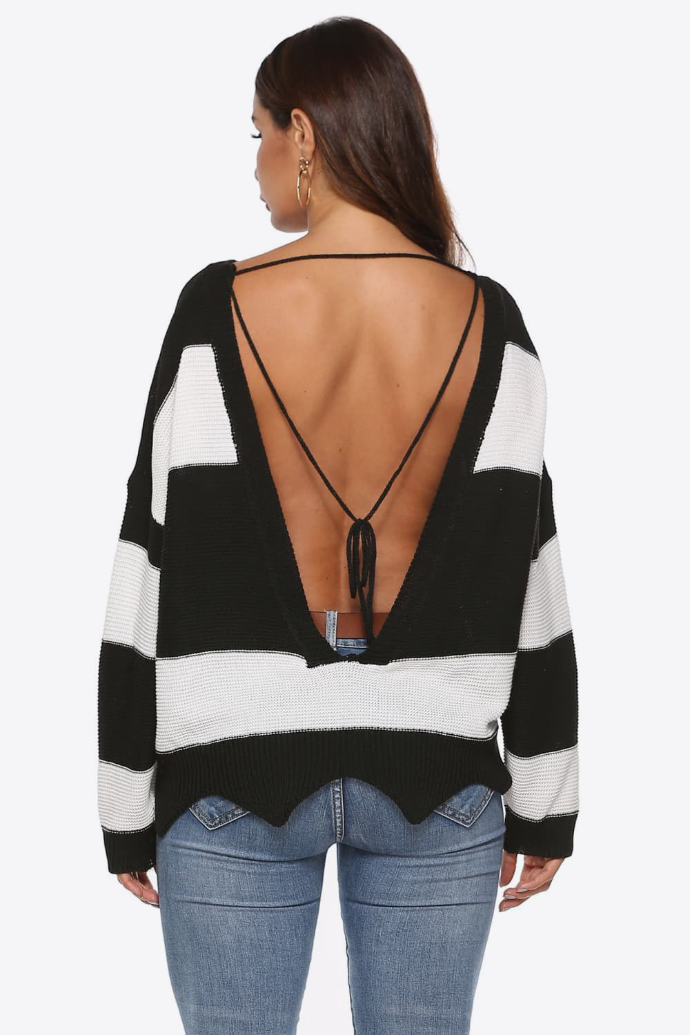 Color Block Backless Long Sleeve Sweater in Stripe, view 3