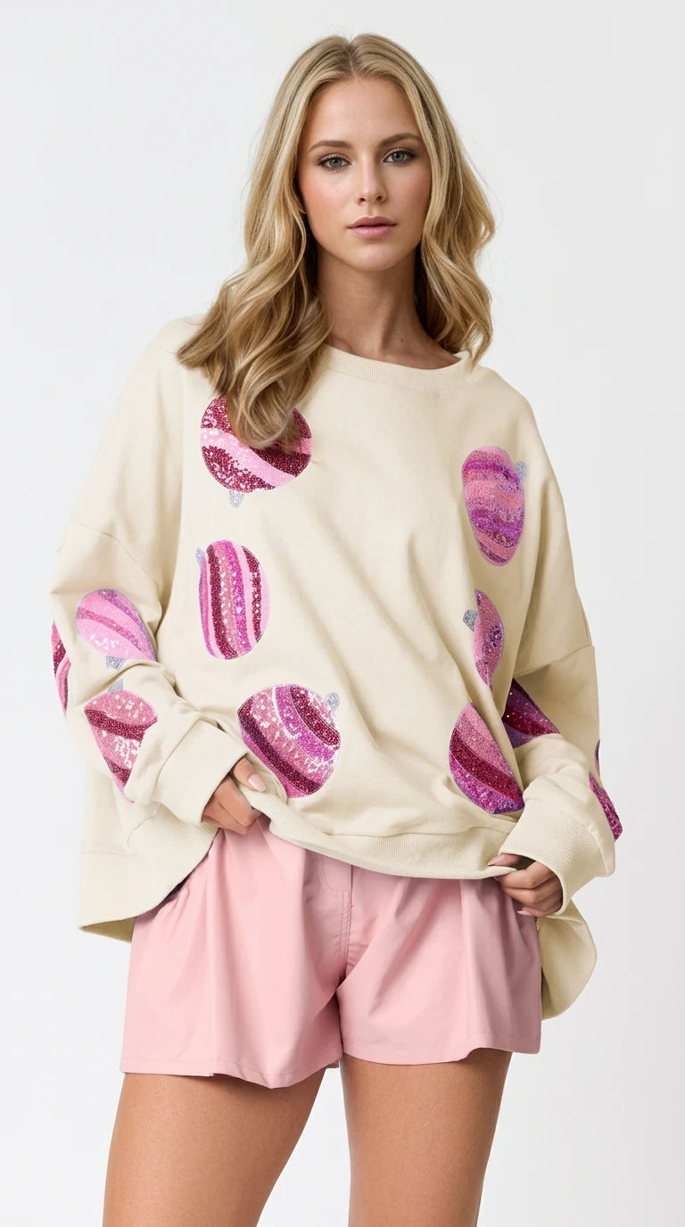 Double Take Sequin Round Neck Long Sleeve Sweatshirt in Cream