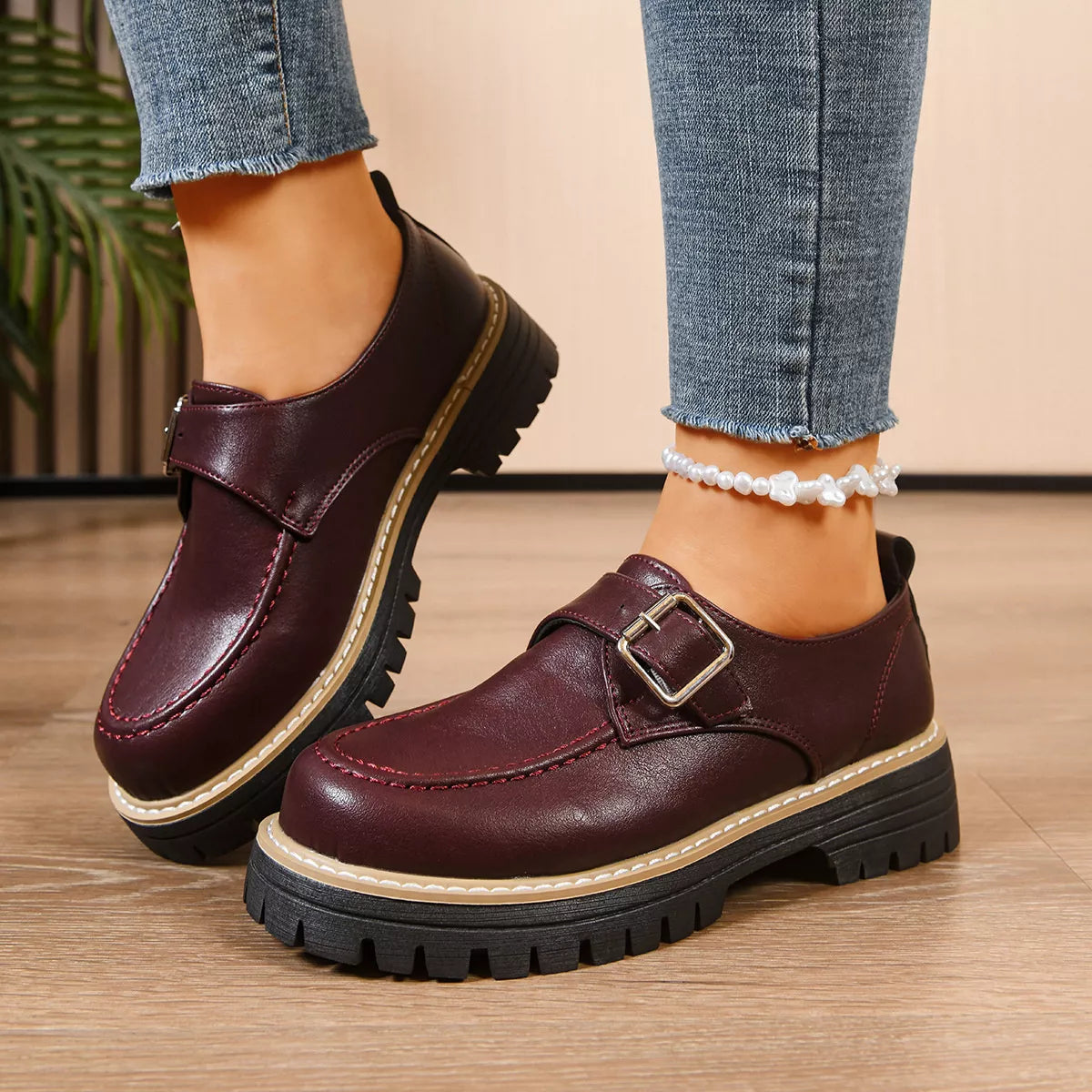 Round Toe Buckle Loafers in Wine Red