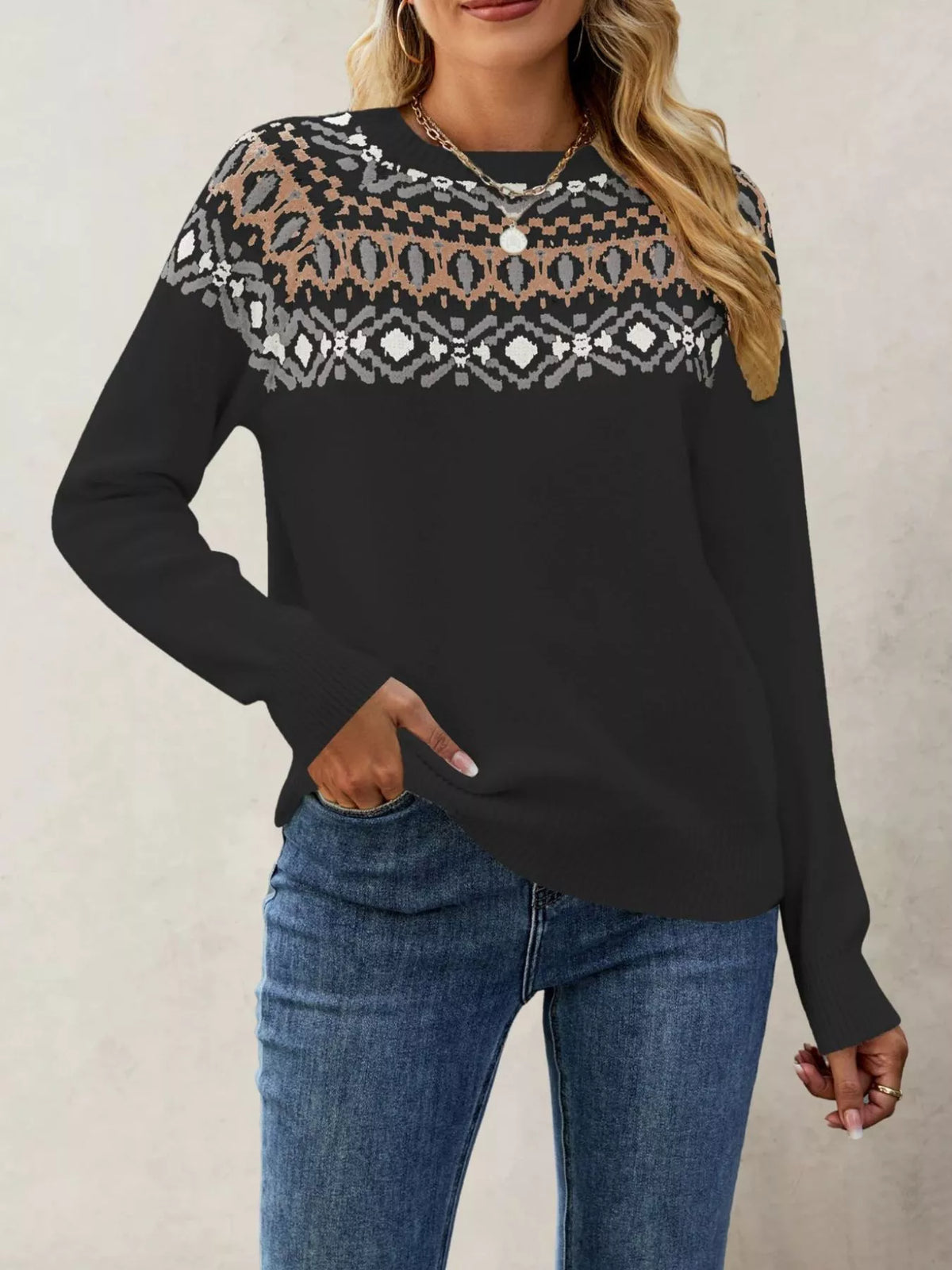 Fair Isle Pattern Crew Neck Sweater
