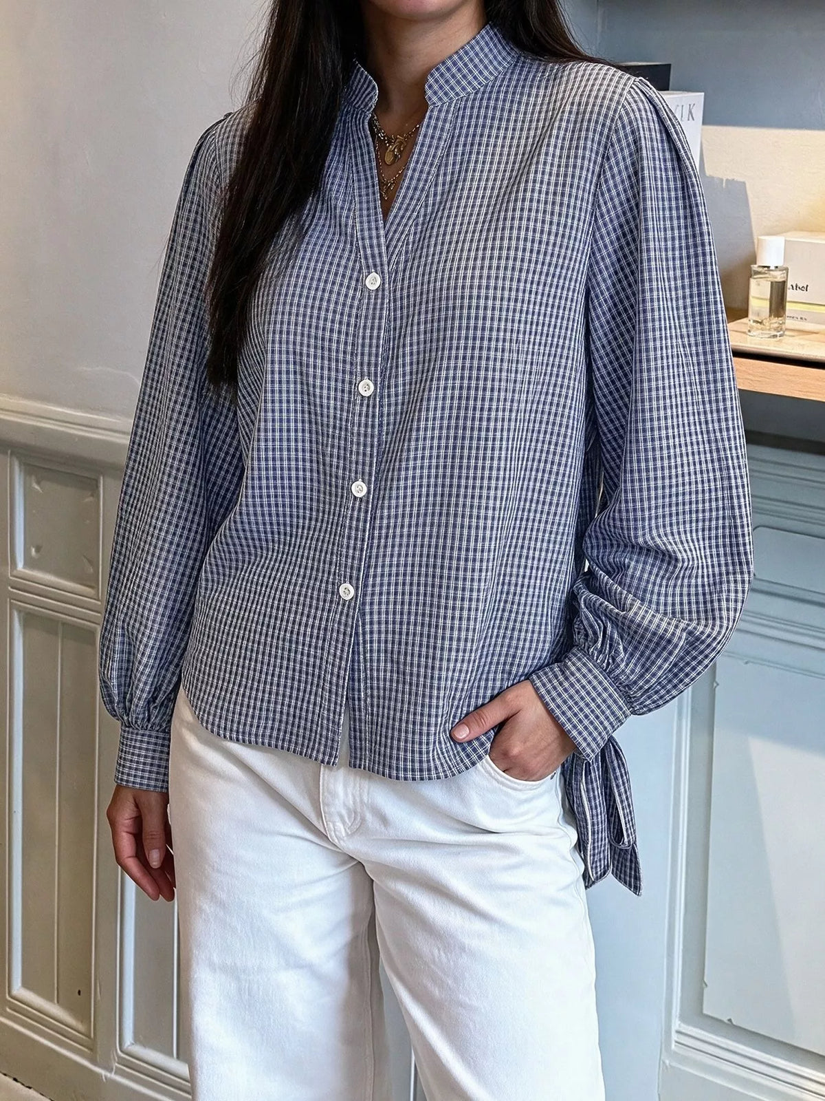 Gingham Button Up Shirt with Tie-Sleeve Detail in Navy, view 5