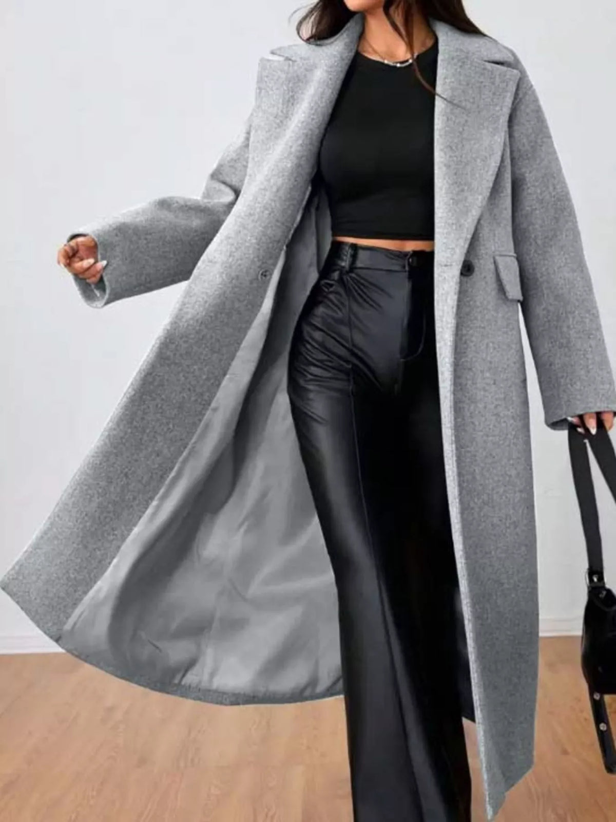 Wool-Blend Longline Overcoat in Gray, view 4