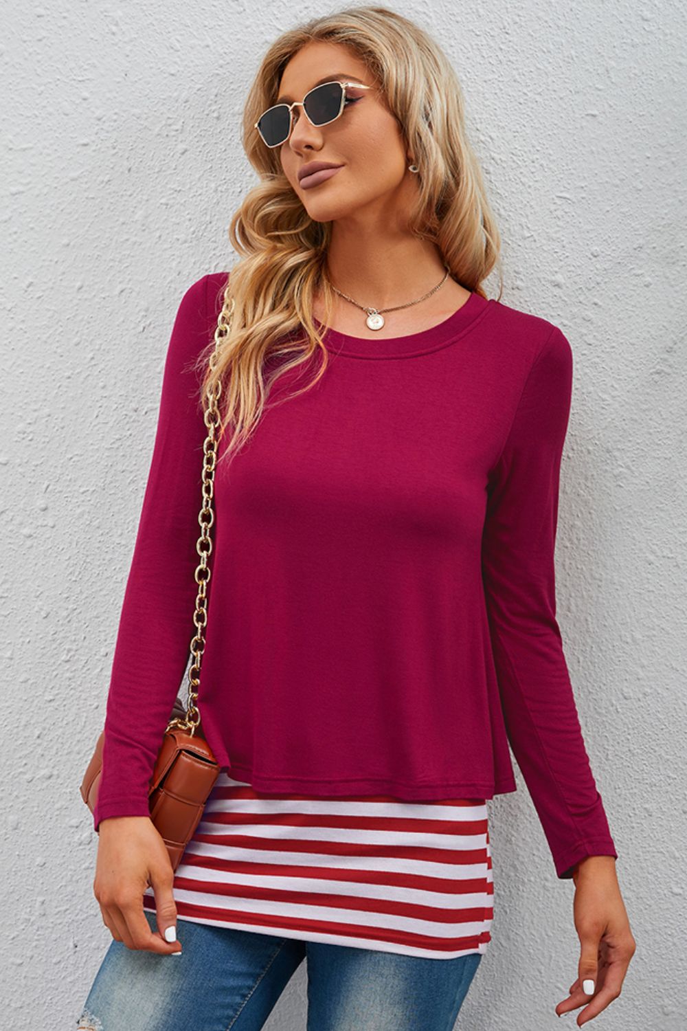 Full Size Striped Faux Layered Long Sleeve Top - Lilixa.store