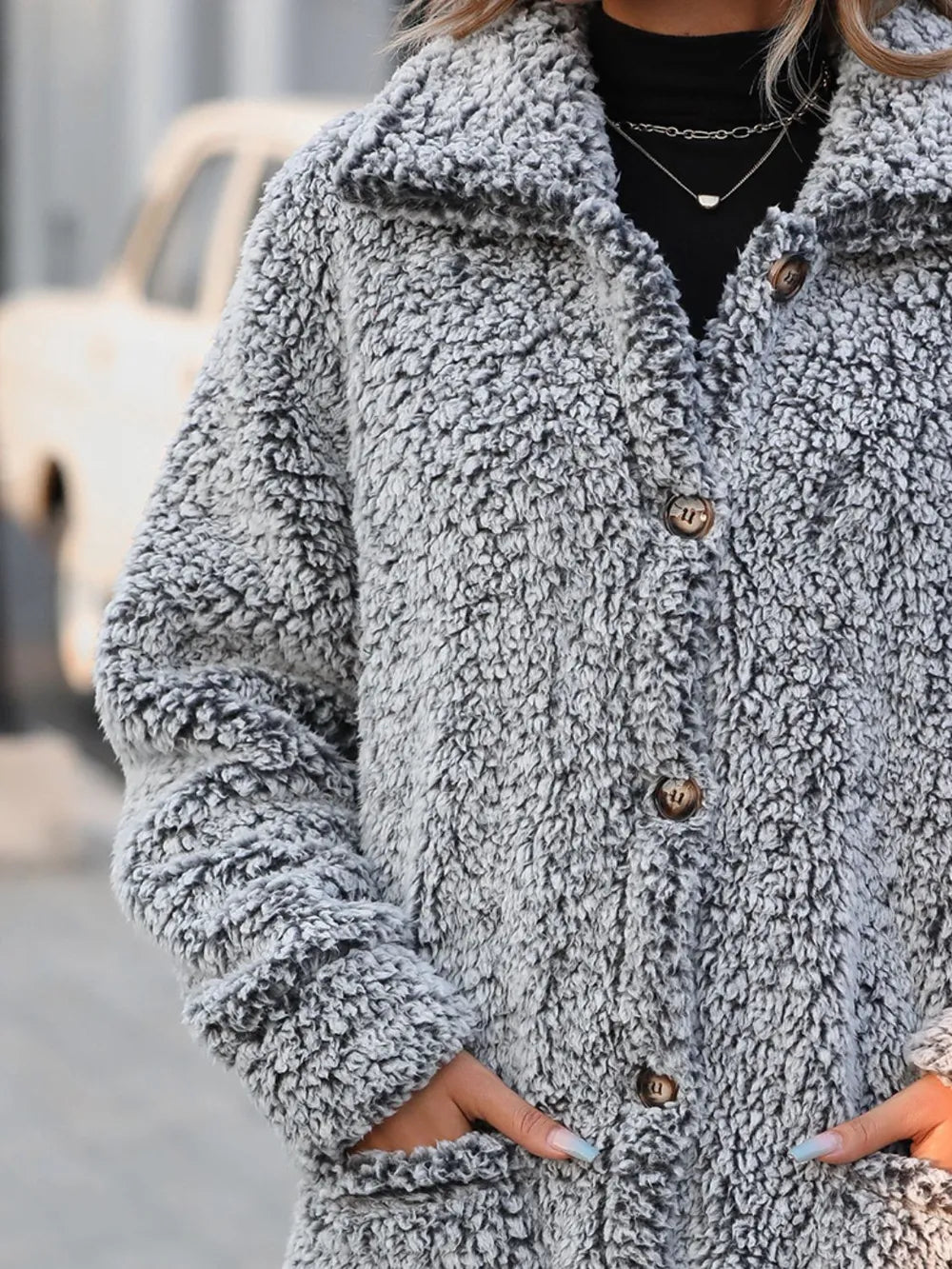 Pocketed Collared Neck Long Sleeve Plush Jacket - Lilixa.store