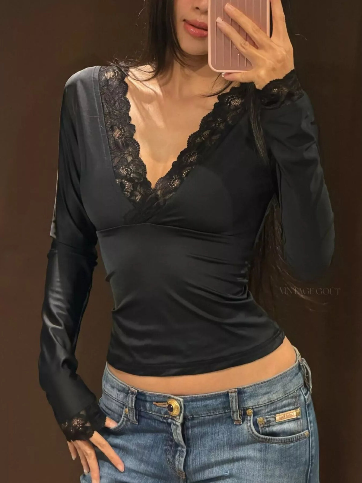 Lace-Trimmed Long Sleeves Wrap Blouse - Lilixa.store