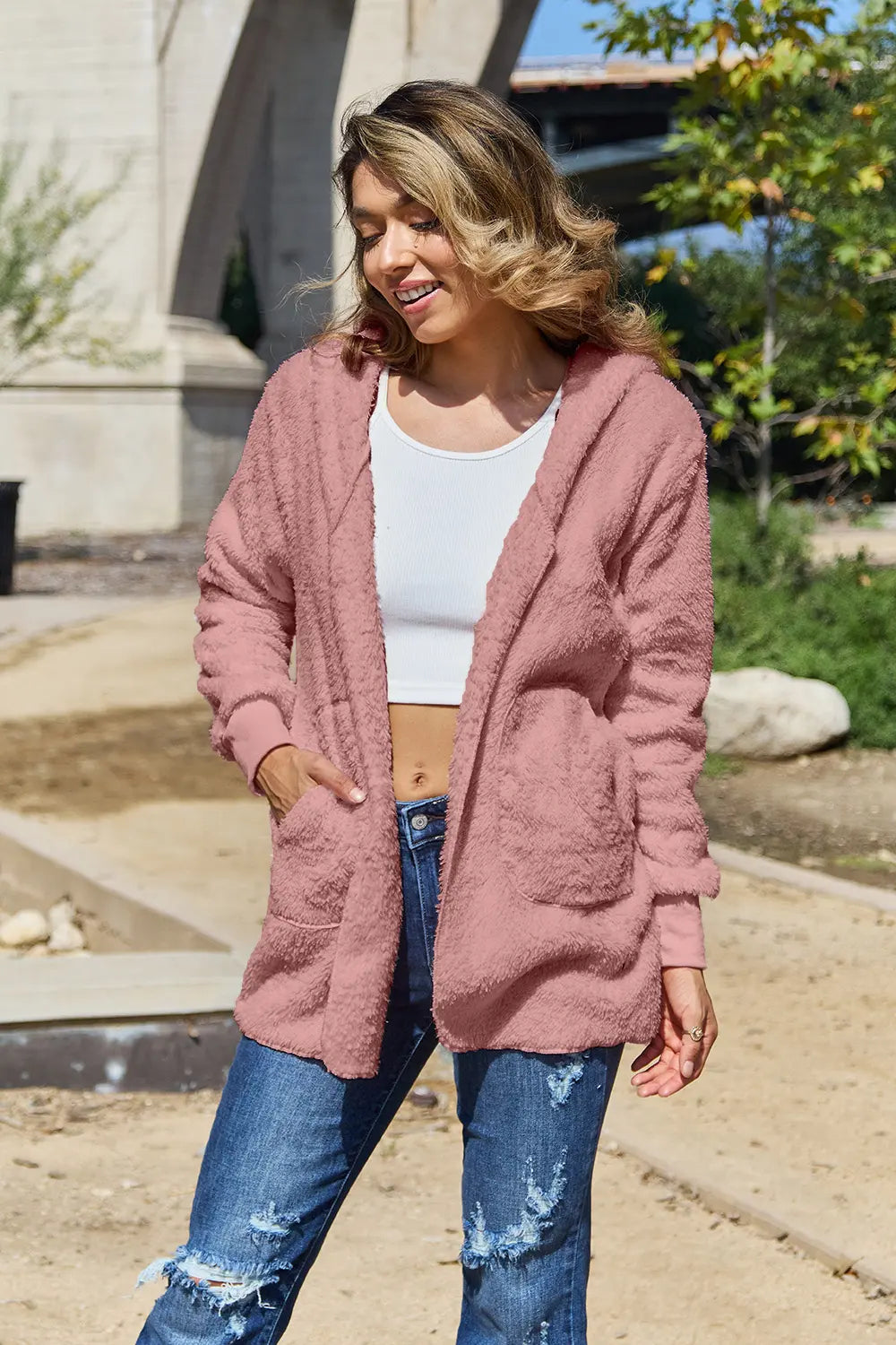 Full Size Teddy Hooded Jacket with Pockets in Dusty Pink