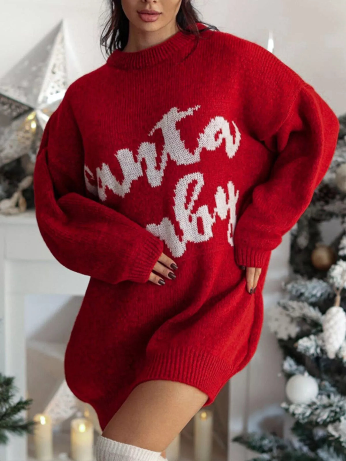 Christmas Letter Oversized Sweater Dress in Red