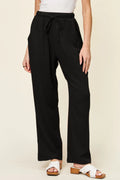 Double Take Full Size Texture Drawstring Straight Pants - Lilixa.store