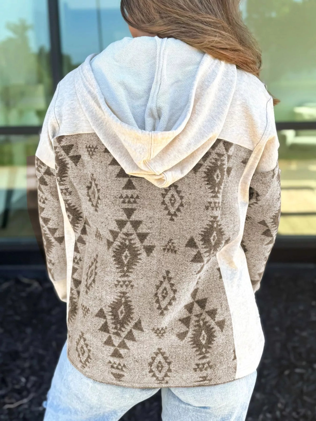 Western Aztec Print Color Block Patchwork Drawstring Hooded Shacket in Khaki, view 2
