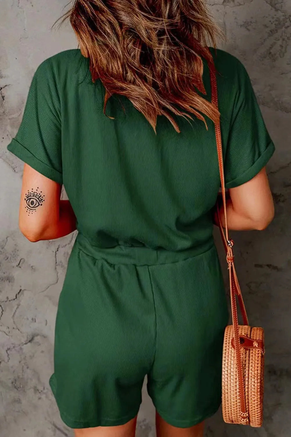 Full Size Drawstring V-Neck Short Sleeve Romper - Lilixa.store