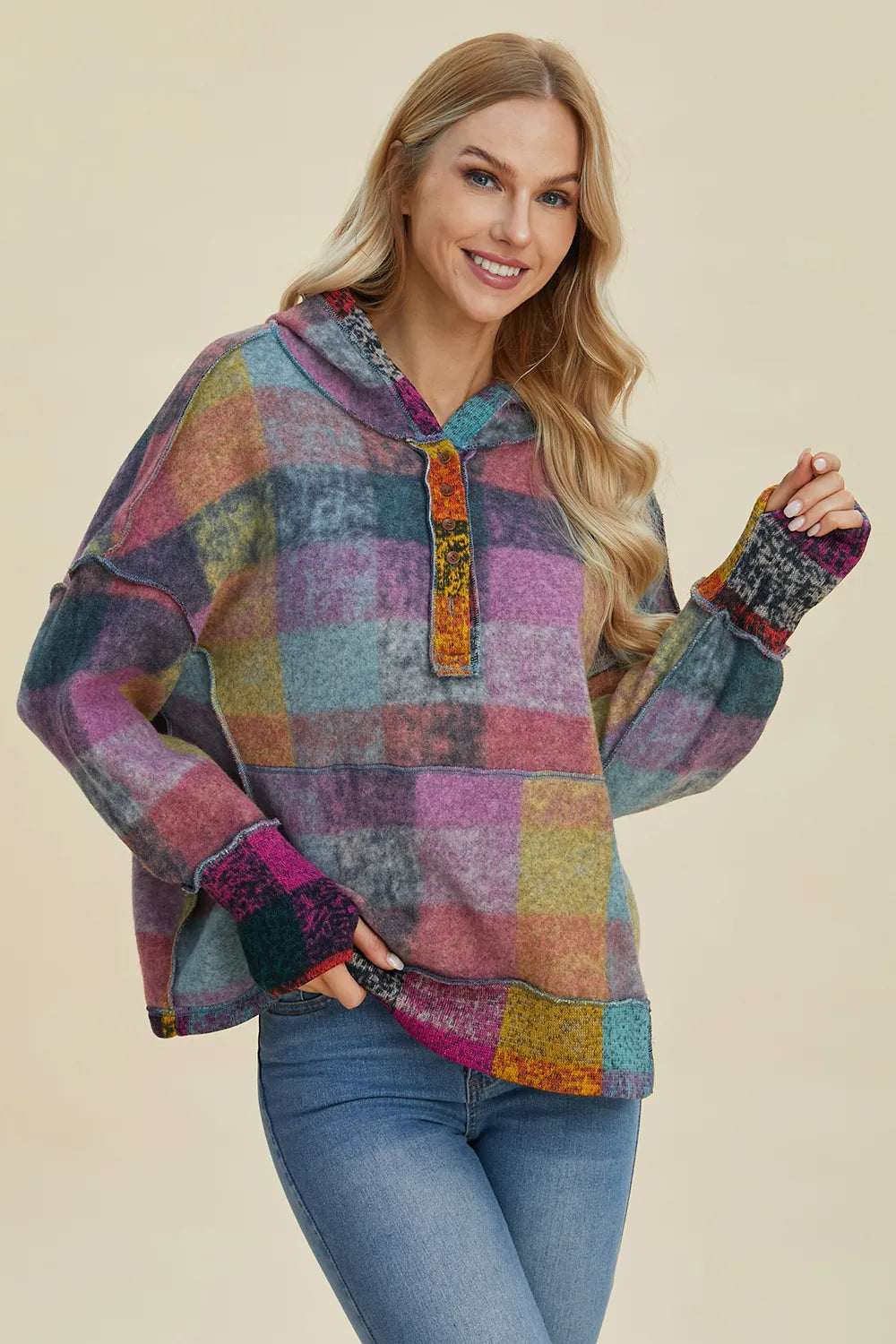 Double Take Full Size Plaid Dropped Shoulder Fleece Hoodie Plus Size - Lilixa.store