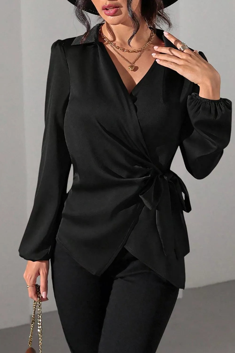 Satin Tied Detail Long Sleeve Blouse, view 12