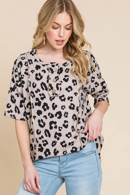 BOMBOM Button Detail Exposed Seam Leopard Half Sleeve Top - Lilixa.store