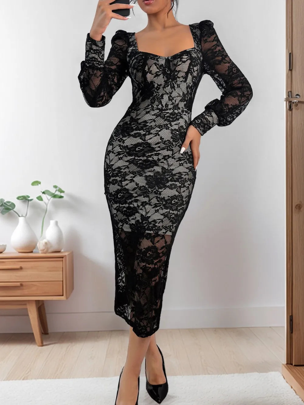 Perfee Lace Sweetheart Neck Long Sleeve Midi Dress - Lilixa.store