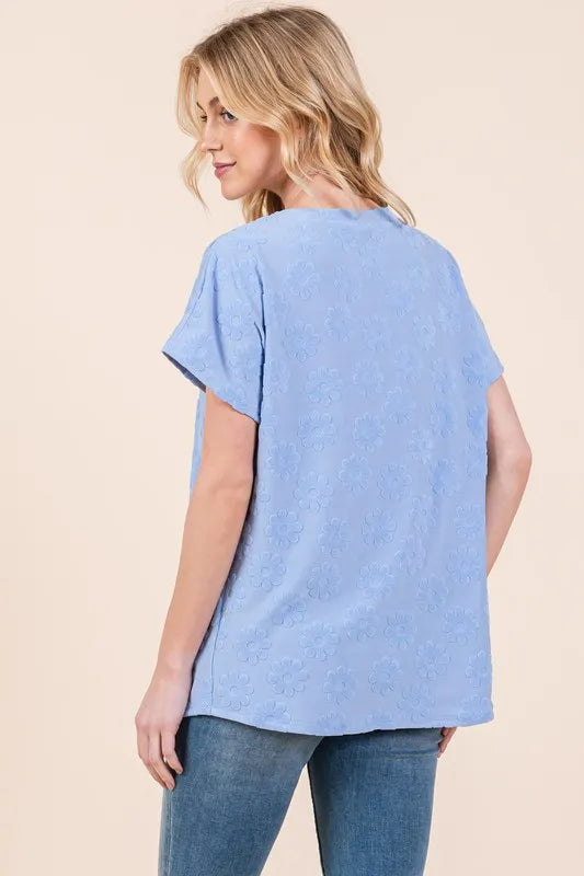 BOMBOM Textured Floral Pattern Short Sleeve T-Shirt - Lilixa.store