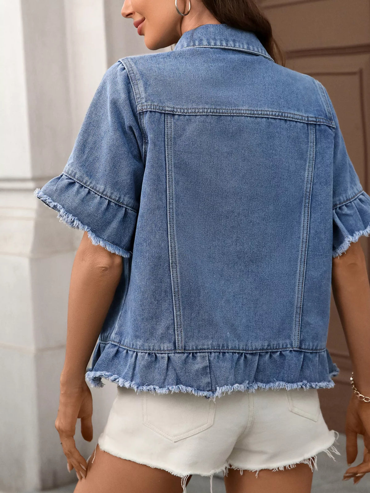 Raw Hem Button Up Denim Jacket, view 5