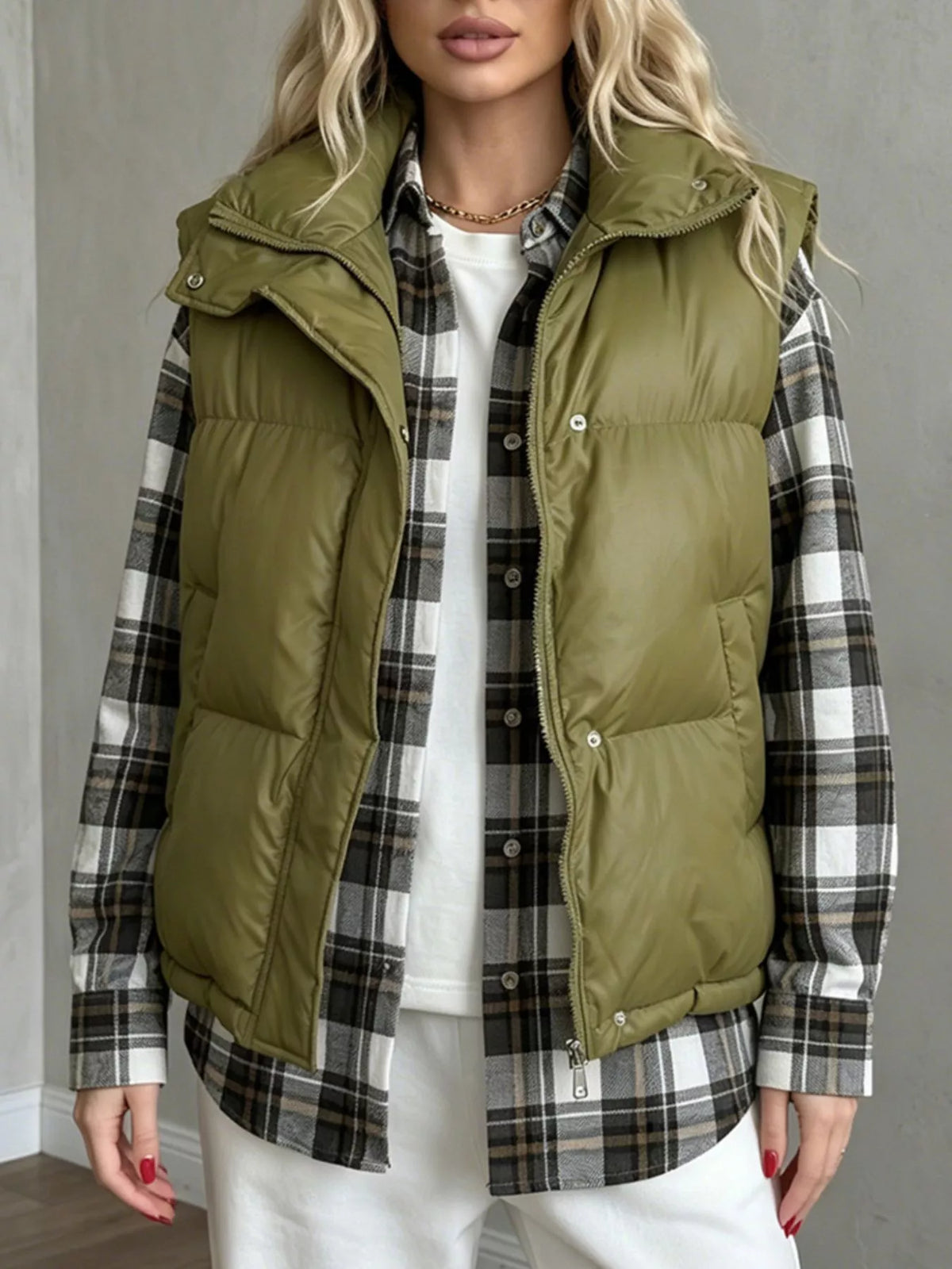 Snap-Button Placket Quilted Puffer Vest Coat, view 10