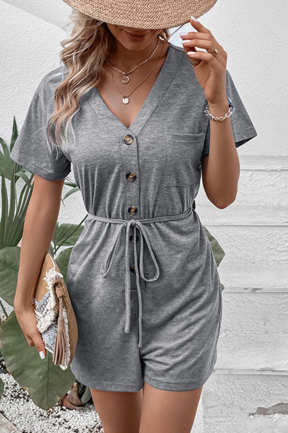 Perfee V-Neck Short Sleeve Tied Romper - Lilixa.store