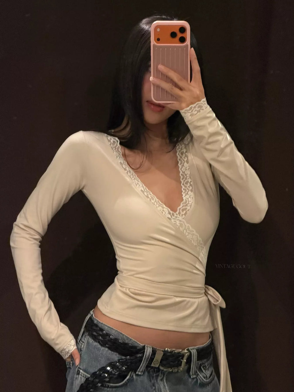 Lace-Trimmed Long Sleeves Wrap Blouse - Lilixa.store