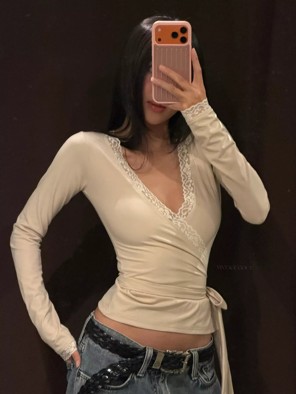 Lace-Trimmed Long Sleeves Wrap Blouse - Lilixa.store